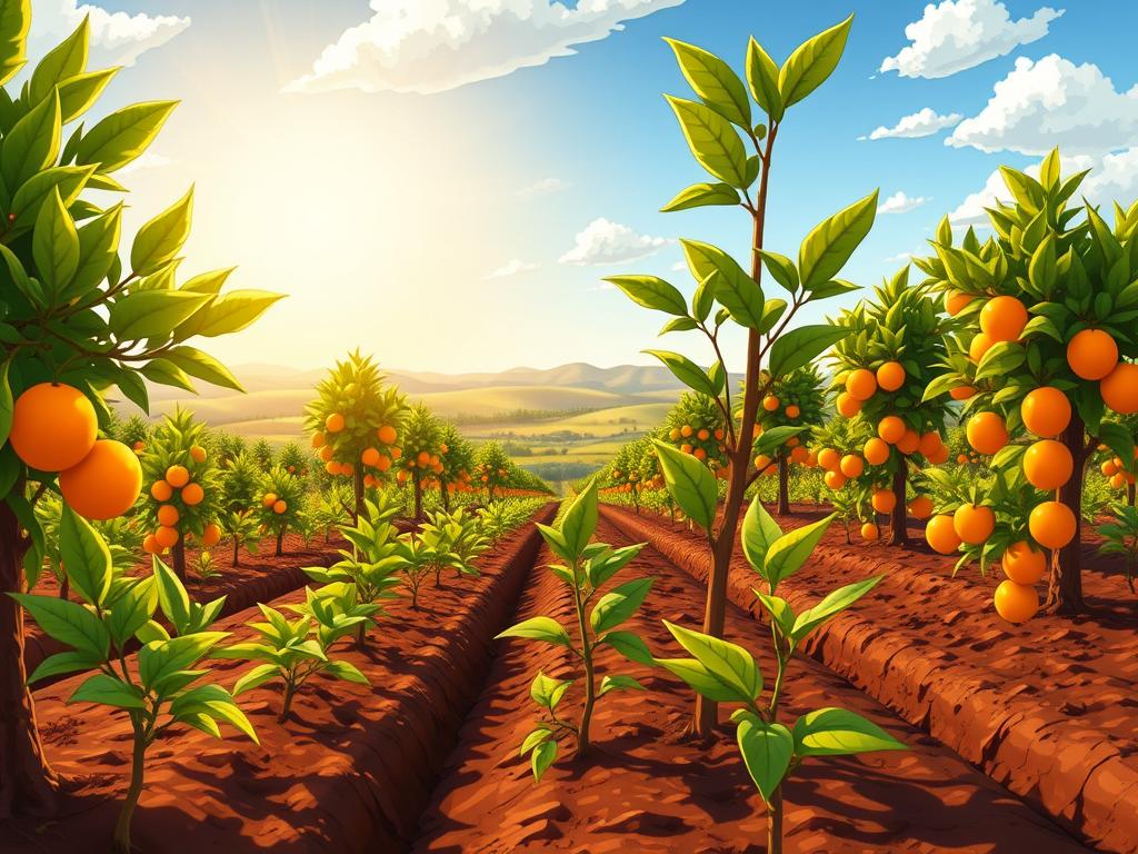 A lush, sun-drenched citrus orchard, filled with the vibrant hues of newly planted orange trees. In the foreground, a gardener carefully tending to a young sapling, their hands delicately tucking the roots into the rich, dark soil. The middle ground showcases the gradual growth of the trees, their glossy green leaves shimmering in the warm, golden light. In the background, a picturesque landscape unfolds, with rolling hills and a distant blue sky dotted with fluffy clouds. The scene exudes a sense of tranquility and the promise of a bountiful harvest to come, inviting the viewer to imagine the sweet, tangy aroma of ripening citrus.