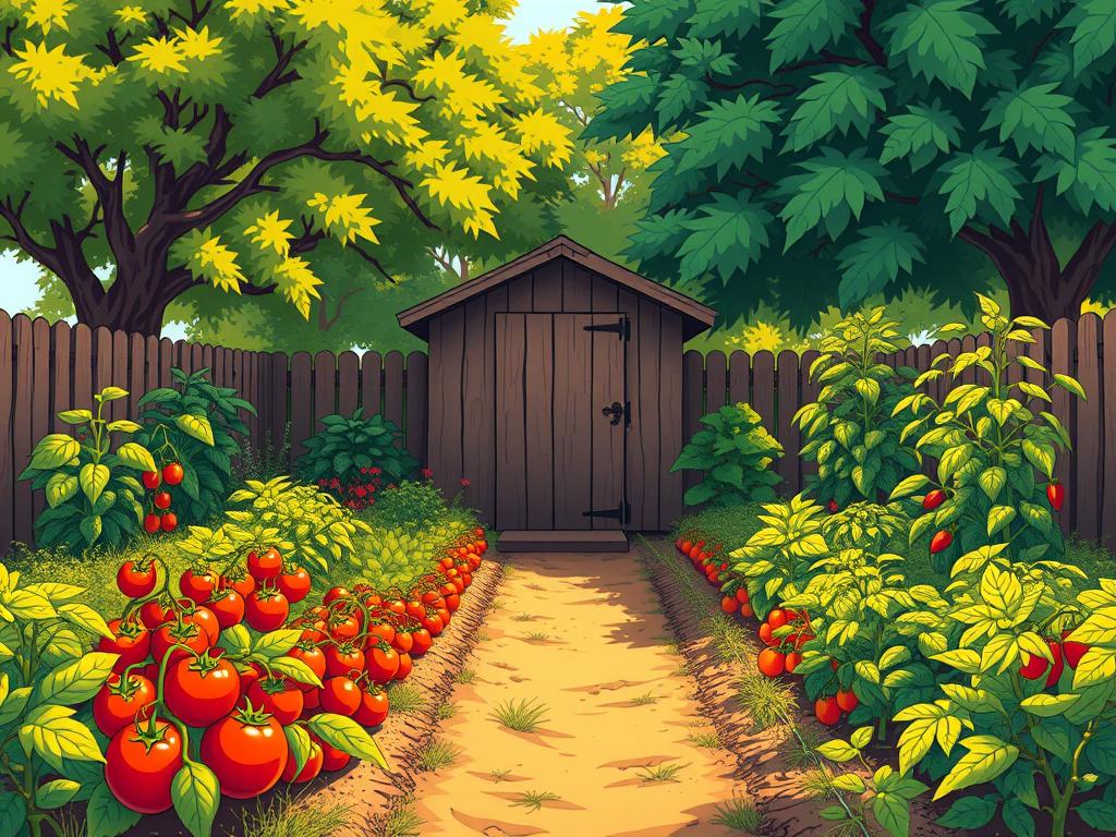 A lush, thriving canning garden nestled in a cozy backyard setting. In the foreground, rows of neatly organized vegetable plants - tomatoes, peppers, and leafy greens - stand tall, their vibrant hues basking in warm, golden sunlight. The middle ground features a rustic wooden shed, its weathered exterior complementing the natural surroundings. In the background, a verdant canopy of trees casts gentle shadows, creating a sense of tranquility and seclusion. The overall scene exudes a welcoming, homely atmosphere, inviting the viewer to imagine the bounty of fresh, homegrown produce waiting to be preserved for the seasons ahead.