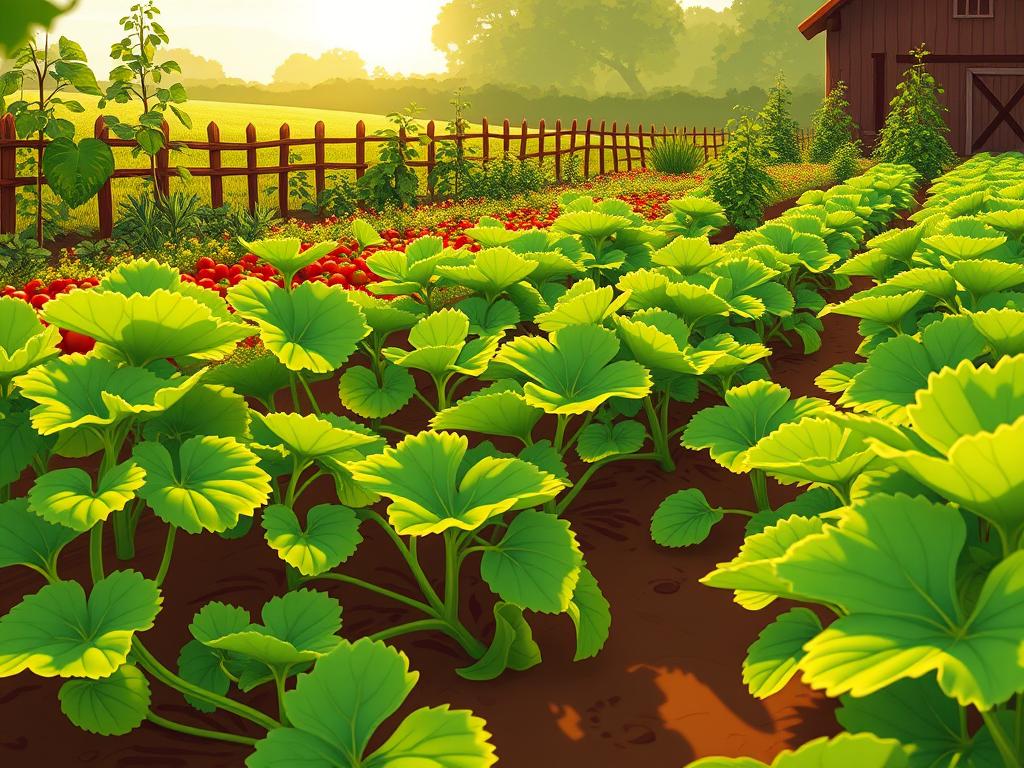 A lush, thriving vegetable garden bathed in the warm glow of the afternoon sun. In the foreground, rows of vibrant green butternut squash plants with large, healthy leaves and vines creeping along the soil. In the middle ground, a variety of other produce - tomatoes, peppers, and leafy greens - swaying gently in the soft breeze. The background reveals a neatly tended fence line, with a glimpse of a rustic barn beyond, creating a charming, bucolic scene. The lighting is natural and diffused, casting long shadows and highlighting the verdant foliage. The overall atmosphere conveys a sense of abundance, vitality, and the perfect conditions for early butternut squash to thrive.