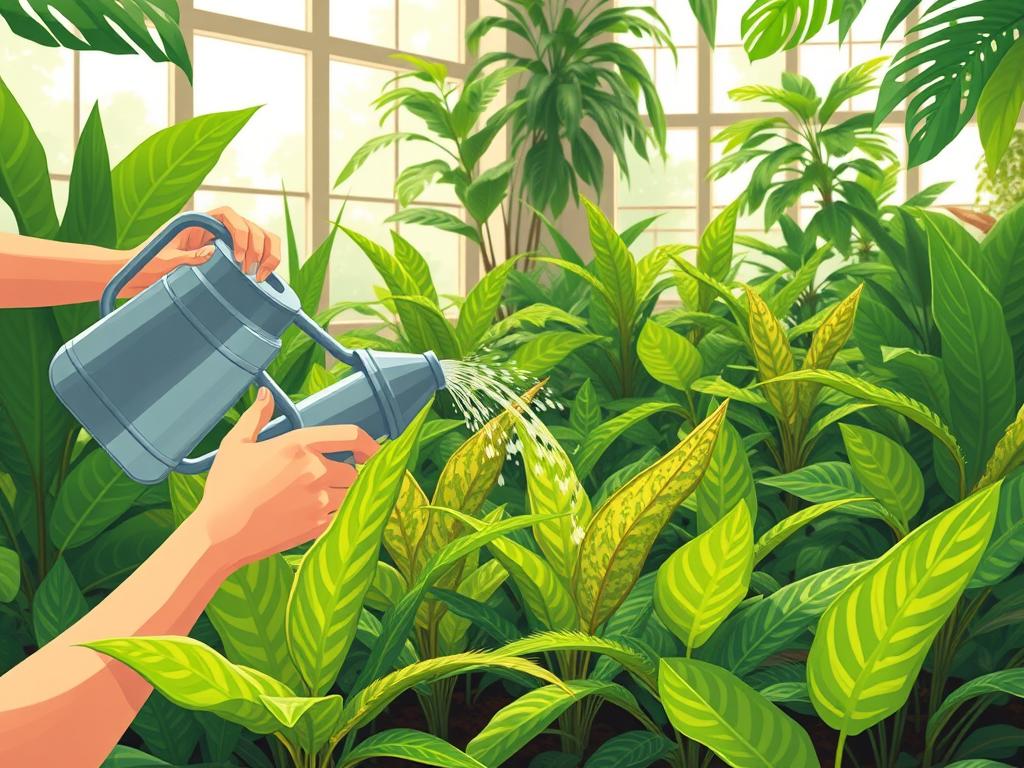 A lush, tropical indoor setting with sunlight streaming through large windows, illuminating a verdant array of Calathea plants. In the foreground, a person's hands gently watering the plants with a long-spouted watering can, their movement captured in a soft, blurred focus. The plants' vibrant, patterned leaves stretch towards the light, their soil dark and moist. The background is filled with additional Calathea specimens in varying sizes, creating a layered, jungle-like atmosphere. The overall scene conveys a sense of tranquility, care, and reverence for the beauty of these captivating houseplants.