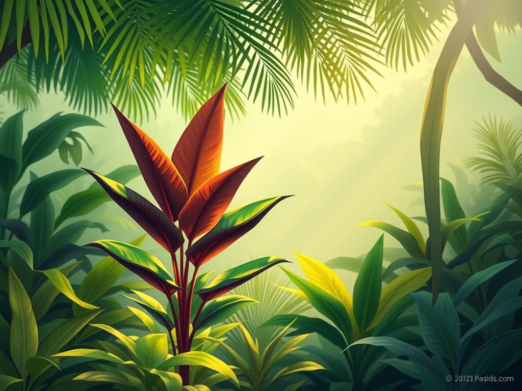 A lush, tropical scene with indirect lighting that illuminates the Calathea plant's vibrant foliage. The plant stands prominently in the foreground, its large leaves catching the soft, diffused light filtering through a canopy of verdant, overhead fronds. The middle ground features a mix of complementary plant species, their textures and colors creating a harmonious, naturalistic setting. In the background, a hazy, atmospheric quality evokes a warm, humid climate, with hints of dappled sunlight peeking through the verdant backdrop. The overall composition conveys a sense of tranquility and the ideal conditions for the Calathea plant to thrive.