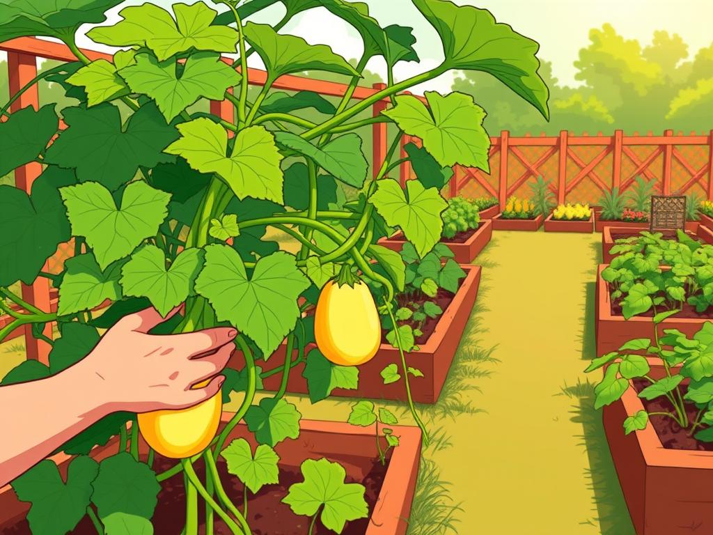 A lush vegetable garden on a sunny day, the vines of a butternut squash plant sprawling across the raised beds. In the foreground, a gardener's hands carefully guide the growing vines, weaving them through a trellis system for support. The middle ground showcases the vibrant green leaves and developing squash, while the background reveals a well-tended garden with other thriving vegetables. Warm, diffused lighting illuminates the scene, creating a sense of tranquility and nurturing care. The composition emphasizes the delicate balance between the gardener's touch and the plant's natural growth, reflecting the essence of "Nurturing Your Growing Plants and Managing Vines."