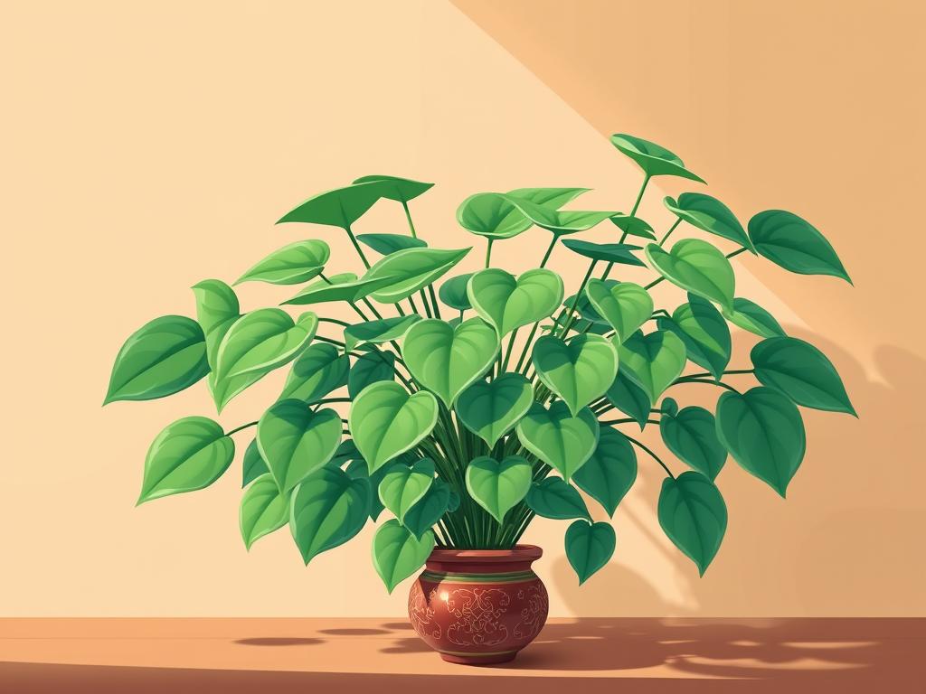 A lush, verdant Chinese money plant, its broad, rounded leaves cascading gracefully against a backdrop of warm, earthy tones. The plant is bathed in soft, natural lighting, casting gentle shadows that accentuate its sculptural form. In the foreground, a small, ornate ceramic pot rests, hinting at the plant's rich cultural history. The composition is balanced, with the plant's focal point positioned centrally, inviting the viewer to appreciate its timeless beauty and the deep-rooted significance it holds in traditional Chinese households.