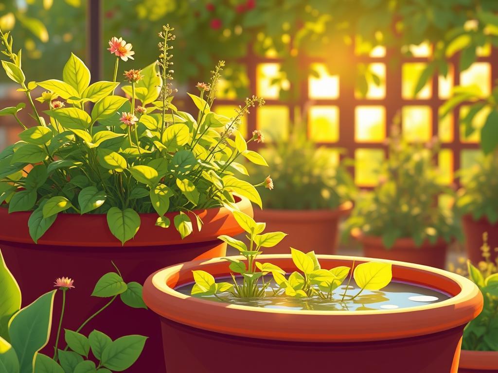 A lush, verdant container garden bathed in warm, golden sunlight. In the foreground, a mix of thriving plants - vibrant leafy greens, delicate flowering stems, and verdant foliage - drinking in the sunlight and gently swaying in a soft breeze. The middle ground showcases a terracotta pot overflowing with water, its surface reflecting the dappled sunlight. In the background, a sun-dappled trellis or lattice provides a natural, rustic frame, hinting at the garden's larger context. The scene exudes a sense of tranquility, abundance, and the life-giving power of sunlight and water for nourishing plants.