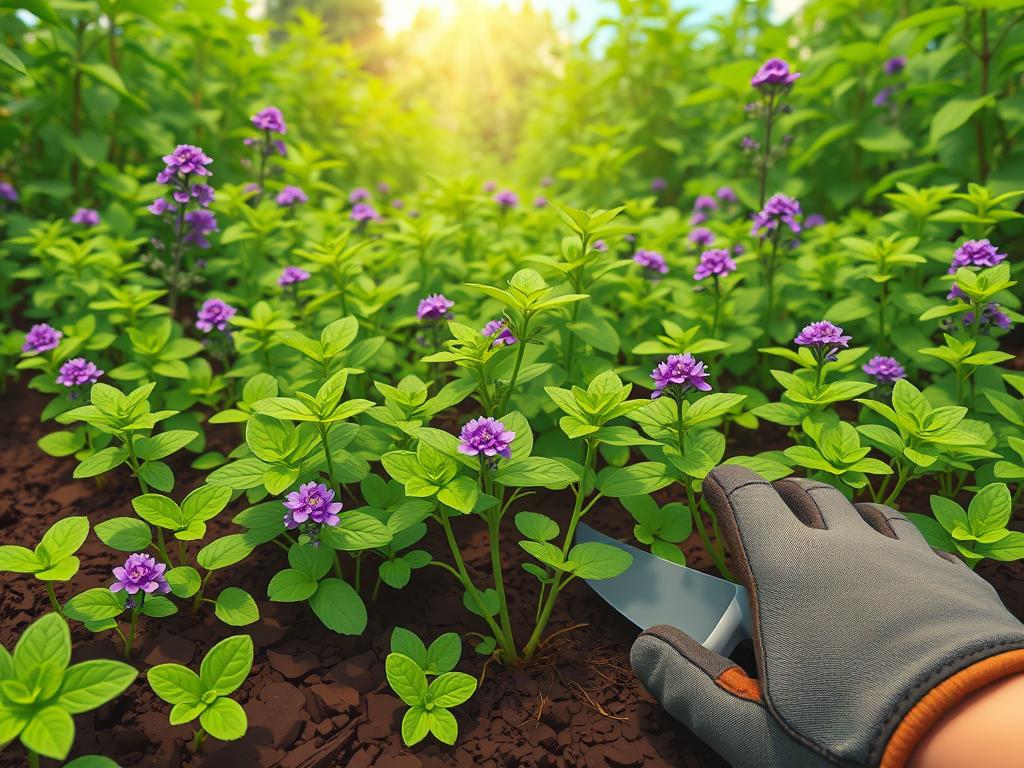 A lush, verdant garden filled with thriving mint plants, their vibrant green leaves and delicate purple flowers standing in contrast to the rich, dark soil. In the foreground, a pair of gardening gloves grip a trowel, carefully digging around the mint's base, uprooting any errant runners that threaten to spread the plant beyond its designated bounds. A natural light filters in from above, casting a warm, even glow across the scene. The camera angle is close and intimate, emphasizing the meticulous attention required to control the mint's rapid, invasive growth and maintain the garden's harmonious balance.