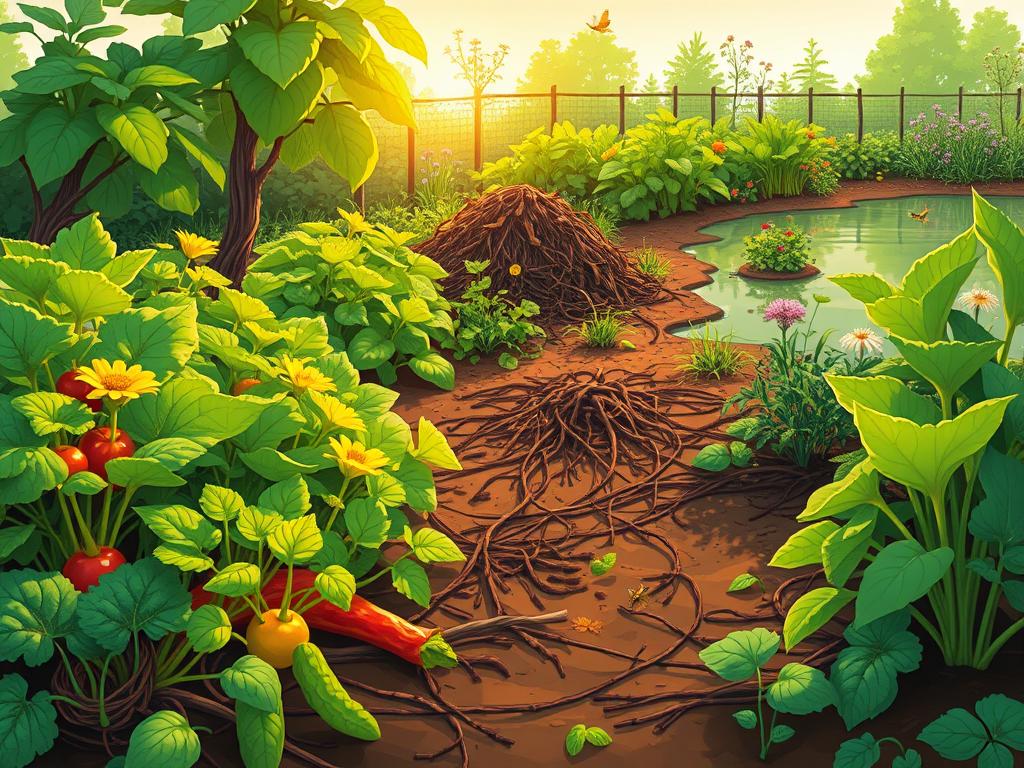 A lush, verdant garden scene depicting the intricate web of plant synergy and nutrient cycling. In the foreground, vibrant vegetables and herbs intertwine, their roots mingling in the rich, organic soil. Sunlight filters through the canopy of leafy greens, casting a warm, golden glow. In the middle ground, a compost pile teems with decomposing matter, releasing nutrients back into the earth. Surrounding this, a diverse array of flowering plants attract pollinating insects, creating a harmonious ecosystem. In the background, a serene pond reflects the tranquil scene, its still waters nourishing the thriving vegetation. The overall atmosphere conveys the delicate balance and interconnectedness of a healthy, self-sustaining garden.