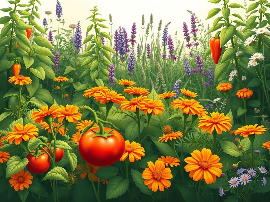 A lush, verdant garden scene featuring an abundance of companion plants thriving together. In the foreground, vibrant tomato plants with ripe, juicy fruits are surrounded by flourishing marigolds, their bright orange blooms adding pops of color. In the middle ground, leafy pepper plants stand tall, their glossy green leaves complemented by the delicate purple flowers of companion herbs like basil and rosemary. The background showcases a diverse array of other beneficial companion plants, such as fragrant lavender, fragrant chamomile, and the delicate white flowers of yarrow. Soft, diffused natural lighting filters through the scene, casting a warm, welcoming glow over the harmonious garden. The overall composition creates a sense of balance, highlighting the synergistic relationship between the different plants.