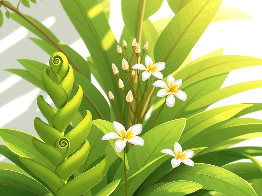 A lush, verdant plumeria plant in the foreground, its spiral-shaped leaves unfurling gracefully. In the middle ground, delicate white and yellow plumeria flowers bloom in various stages, from tightly closed buds to fully open blossoms. The background showcases the plant's life cycle, with new growth emerging from the base and older leaves gently falling away. Soft, diffused natural lighting illuminates the scene, casting gentle shadows and highlighting the vibrant colors. The overall atmosphere conveys a sense of tranquility and the cyclical nature of the plumeria's growth.