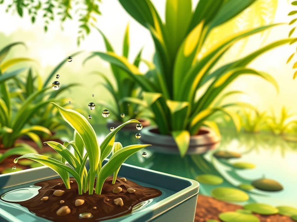 A lush, verdant scene featuring water and soil propagation methods for snake plants. In the foreground, a close-up view showcases the process of rooting snake plant cuttings in a shallow tray of soil, with droplets of water gently misting the delicate leaves. In the middle ground, a mature snake plant stands tall, its thick, succulent leaves catching the warm, golden light. In the background, a tranquil pool of water reflects the surrounding greenery, creating a serene and calming atmosphere. The lighting is soft and diffused, casting a natural, earthy glow over the entire composition. Captured with a wide-angle lens to emphasize the harmonious relationship between the water, soil, and plant life.