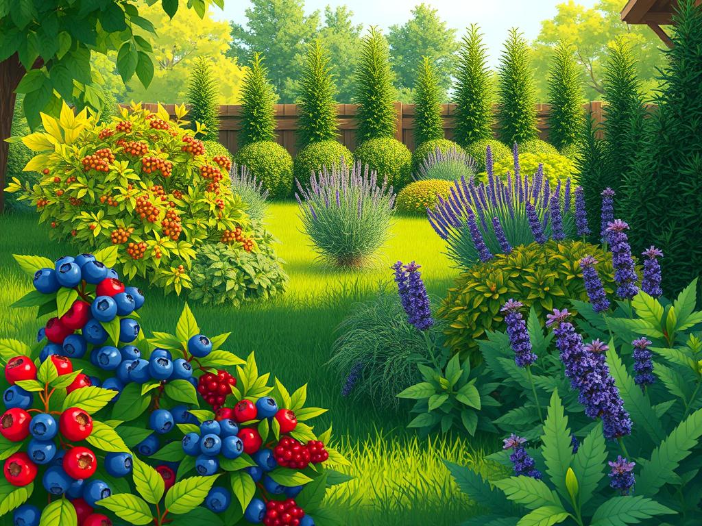 A lush, verdant yard filled with a diverse array of productive shrubs. In the foreground, a mix of blueberry bushes and currant bushes, their ripe berries glistening in the warm, afternoon sunlight. Moving back, a row of compact, multi-purpose hazelnuts and vibrant, leafy comfrey plants. The middle ground features a cluster of aromatic, edible rosemary and lavender shrubs, their delicate flowers dancing in a gentle breeze. In the background, a row of tall, structural serviceberry bushes, their branches laden with dark, sweet berries. The overall scene exudes a sense of abundance, harmony, and nature's bounty, captured through a wide-angle lens that emphasizes the integrated, productive landscape.