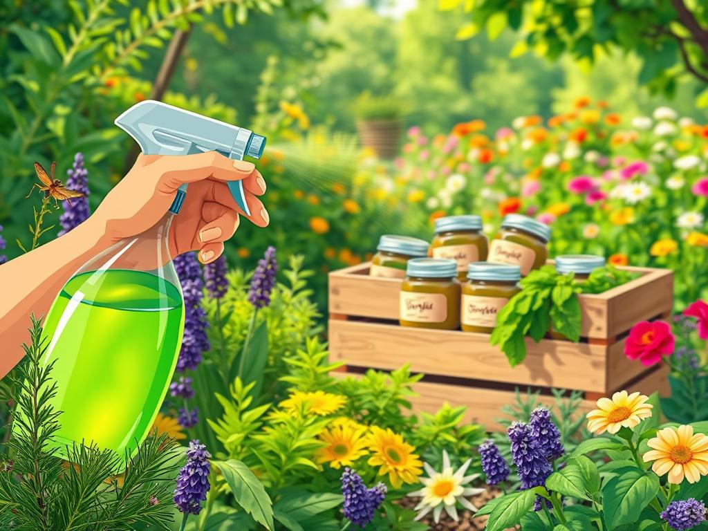 A lush, vibrant organic garden filled with an array of natural sprays and organic insecticidal solutions. In the foreground, a hand-held glass spray bottle filled with a translucent green liquid, its mist gently drifting through the air. Surrounding it, a variety of fresh herbs and botanicals, including rosemary, lavender, and citronella, their leaves glistening with dewdrops. In the middle ground, a wooden crate overflows with jars containing natural pest deterrents, their labels handwritten in a rustic script. The background features a sun-dappled garden, bursting with colorful flowers and verdant foliage, conveying a sense of tranquility and harmony with nature.