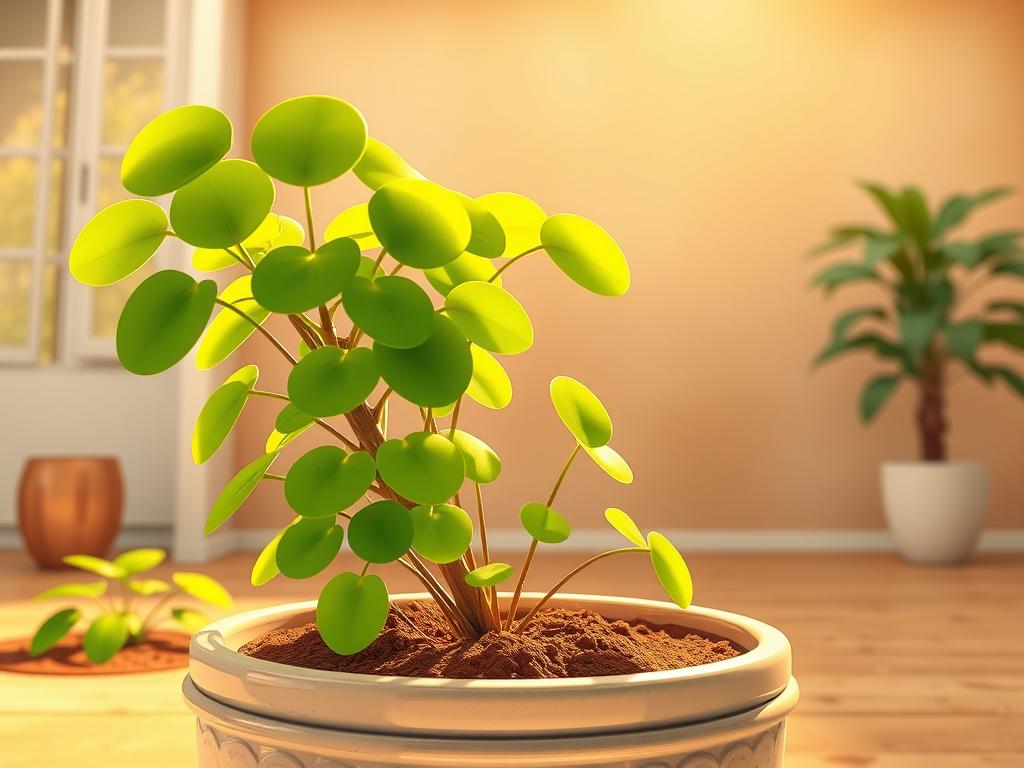 A lush, well-lit indoor plant display showcasing a thriving Pilea peperomioides. In the foreground, the plant's vibrant, rounded leaves catch the warm, diffused light from large windows, their verdant hues accentuated by the soft, neutral tones of the ceramic planter. In the middle ground, a rich, loamy soil provides optimal drainage and nourishment, while the background features a minimalist, earthy-toned wall, creating a serene, nature-inspired atmosphere. Captured with a wide-angle lens to emphasize the harmonious balance of light, soil, and plant life, this image evokes a sense of tranquility and healthy growth.