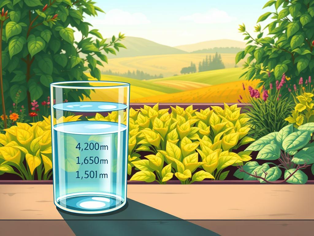 A meticulously detailed illustration showcasing the average weekly water usage in a lush, well-maintained garden. Positioned in the foreground, a clear glass container displaying the exact volume of water needed per week, with a clean, minimalist design that allows the liquid to take center stage. In the middle ground, a vibrant, thriving garden bed featuring a variety of healthy plants, their leaves glistening with moisture under the warm, natural lighting. The background depicts a serene, softly-focused landscape, with rolling hills, a distant tree line, and a clear, cloudless sky, conveying a sense of tranquility and abundance. The overall composition strikes a balance between the functional, informative aspect of the water container and the aesthetic beauty of the surrounding garden, inspiring a deeper understanding of the importance of water management in successful horticulture.