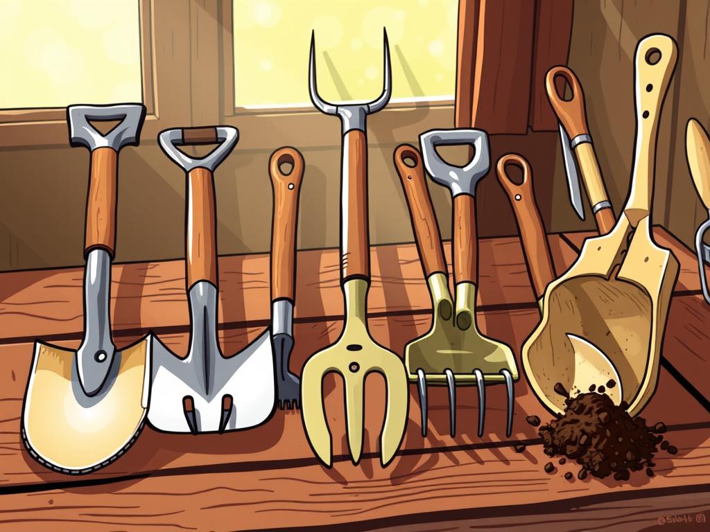 A neatly arranged collection of no-till gardening tools on a rustic wooden surface, bathed in warm, natural lighting. In the foreground, a spade with a curved, serrated blade, a hoe with a wide, flat head, and a sturdy pitchfork with tines that gently aerate the soil. In the middle ground, a broadfork with long, sharp tines and a gardening fork with curved, slightly irregular tines. In the background, a selection of hand tools, including a soil knife, a garden hand trowel, and a soil scoop, all bearing a weathered, well-used patina. The overall mood is one of simplicity, functionality, and a reverence for sustainable, no-till gardening practices.