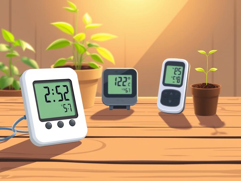 A neatly arranged set of budget-friendly plant sensors sits on a rustic wooden table, bathed in warm, natural light. In the foreground, a sleek, minimalist digital soil moisture meter displays its readings. In the middle ground, a compact weather station gathers data on temperature, humidity, and light levels. In the background, a small, wireless pH meter stands ready to monitor soil acidity. The overall aesthetic is clean, modern, and uncluttered, reflecting the practical and affordable nature of these smart garden gadgets.