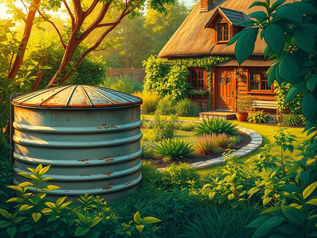 A rustic, weathered water storage tank nestled amidst lush greenery. The tank is positioned in the foreground, its steel exterior reflecting the warm, golden light filtering through the surrounding foliage. In the middle ground, a well-manicured garden showcases a variety of thriving plants, hinting at the tank's role in nurturing this verdant oasis. The background features a charming, picturesque cottage, its wooden siding and thatched roof complementing the natural, earthy tones of the scene. The overall atmosphere is one of tranquility and harmony, where the practical function of the water storage tank blends seamlessly with the aesthetic appeal of the garden setting.