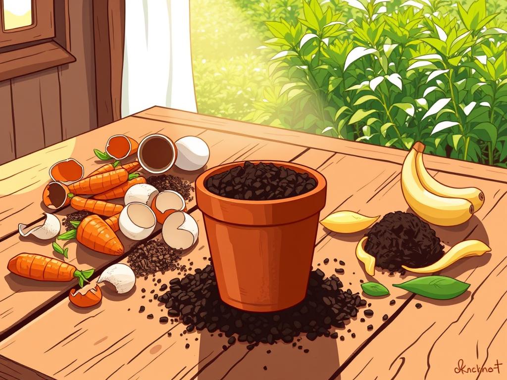 A rustic wooden table, its surface adorned with an assortment of colorful kitchen scraps - carrot peels, eggshells, coffee grounds, and banana peels. Sunlight filters in through a nearby window, casting a warm, natural glow over the scene. In the middle ground, a small terracotta pot filled with rich, dark soil stands ready to receive the nourishing waste. The background features a lush, verdant garden, hinting at the transformed scraps' future as soil-enriching compost. The image conveys a sense of sustainability, a harmonious cycle of nourishment and growth, and the beauty of repurposing kitchen waste for the garden.