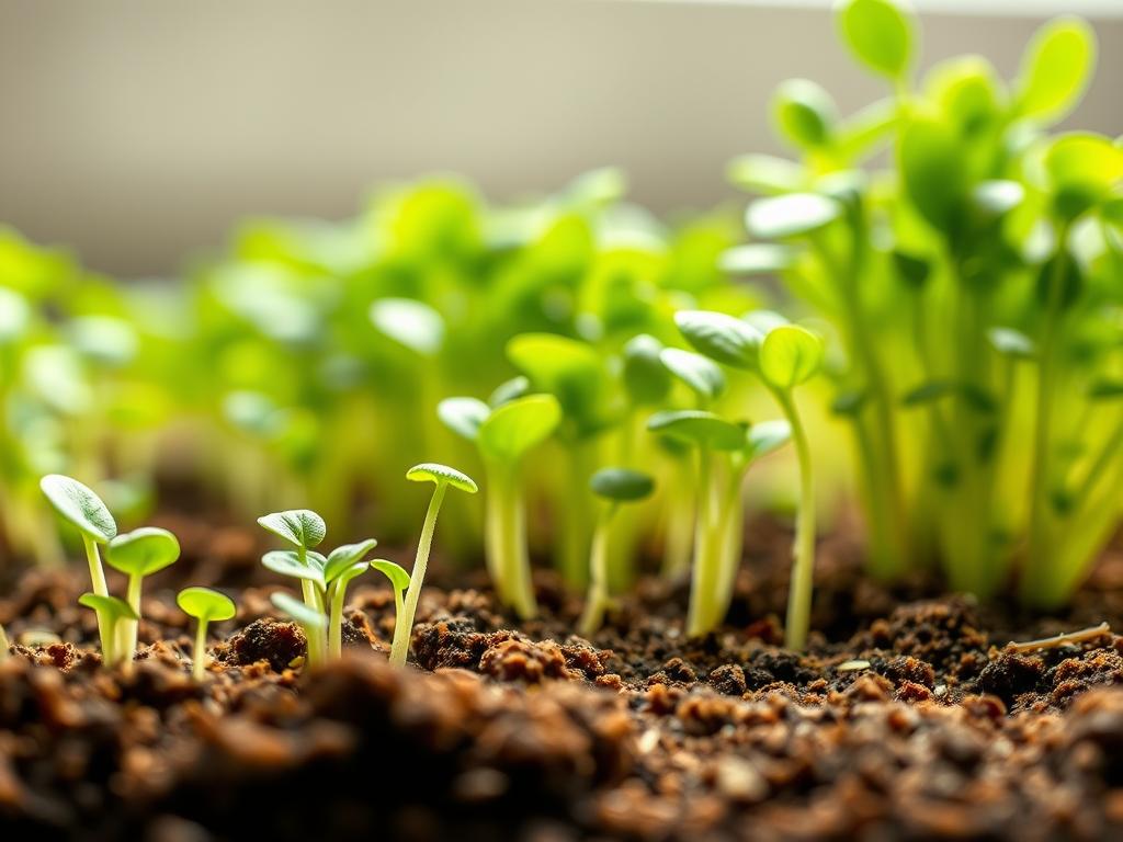 A series of 4 vibrant close-up images showing the 21-day growth stages of microgreens, captured in natural studio lighting with a macro lens. In the foreground, tiny seedlings emerge from soil, gradually unfurling their delicate leaves. The middle ground reveals the plants maturing, their colors deepening and textures becoming more pronounced. In the background, lush, verdant microgreens stand tall, ready for harvest. The overall atmosphere is one of wonder and celebration of nature's cycles, perfect for illustrating the "Step-by-Step Indoor Microgreens Guide for a 21-Day Harvest".