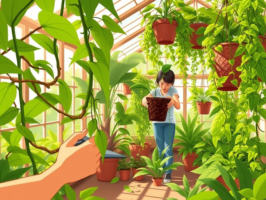 A tropical greenhouse interior with lush, verdant syngonium vines. In the foreground, a gardener's hands gently prune the vines, trimming away dead or damaged growth. Sunlight streams in through large windows, casting a warm, natural glow over the scene. The middle ground features a gardener repotting a syngonium plant, carefully transferring it to a larger container filled with rich, loamy soil. In the background, more syngonium vines cascade down from hanging baskets, their vibrant green leaves contrasting beautifully with the earthy tones of the greenhouse. The overall atmosphere is one of calm, focused care and attention to the tropical plants.