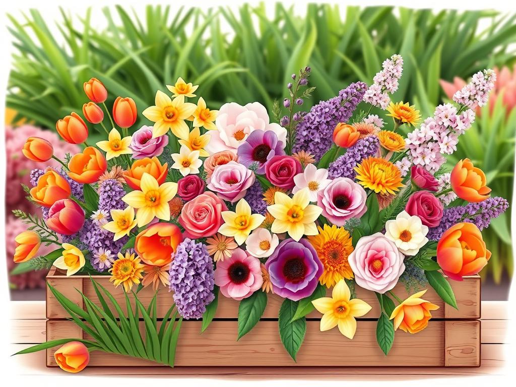 A vibrant seasonal flowers selection, artfully arranged in a rustic wooden crate. In the foreground, an array of blooming flowers in warm hues - delicate tulips, cheerful daffodils, and fragrant lilacs. The middle ground showcases a mix of seasonal blossoms, including velvety peonies, delicate anemones, and vibrant ranunculus. The background features lush greenery, creating a natural, garden-inspired setting. Soft, diffused lighting gently illuminates the scene, evoking a sense of tranquility and natural beauty. The composition is balanced, with the flowers arranged in a visually appealing manner, inviting the viewer to appreciate the beauty of nature's seasonal offerings.