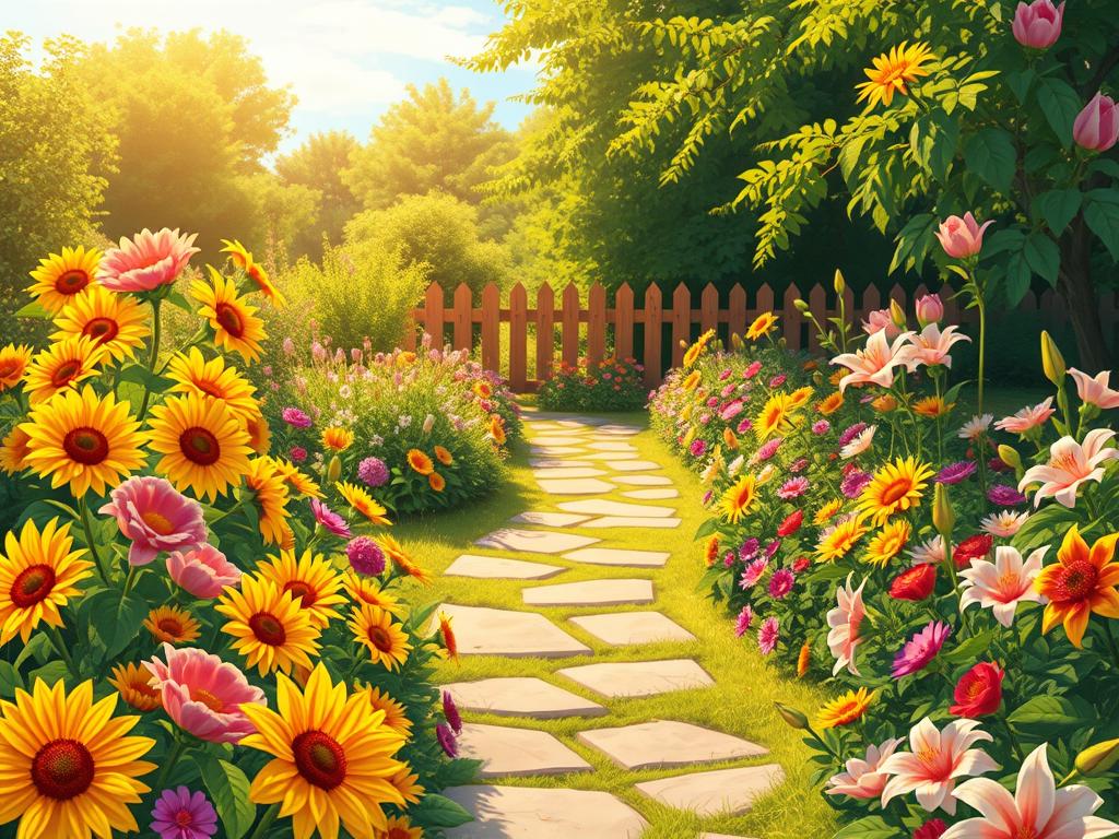 A vibrant summer flower garden, bathed in warm golden sunlight, stretches out before the viewer. In the foreground, a profusion of colorful blooms - cheerful sunflowers, delicate peonies, and fragrant lilies - sway gently in a light breeze. The middle ground features a meandering stone path lined with lush, verdant foliage, leading the eye deeper into the scene. In the background, a picturesque wooden fence frames the garden, with a hint of a blue sky peeking through the verdant canopy. The overall mood is one of serene tranquility and natural abundance, inviting the viewer to immerse themselves in the beauty of a thriving summer garden.