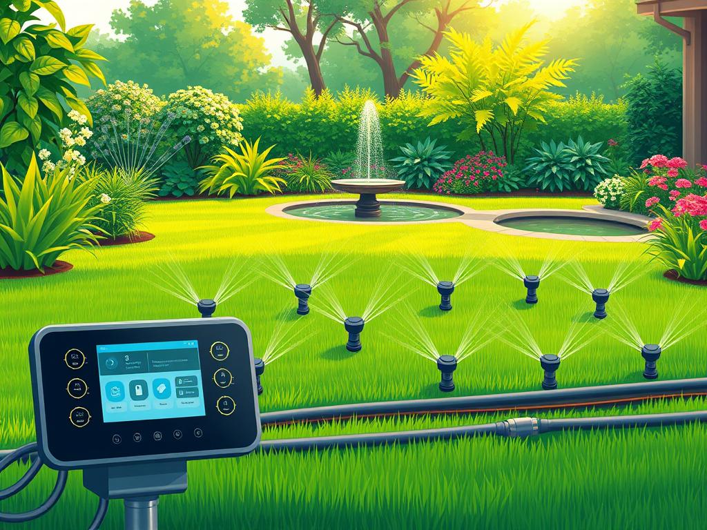 A well-designed automated irrigation system in a lush, verdant home garden. In the foreground, a sophisticated control panel with digital displays and intuitive touch controls, surrounded by an array of sleek, compact sprinkler heads strategically positioned across the meticulously manicured lawn. The middle ground showcases a network of discreet, underground piping, seamlessly integrated into the landscape. In the background, a tranquil, sun-dappled scene with flourishing plants, flowers, and a serene water feature, creating a harmonious, technology-enhanced oasis. Warm, natural lighting casts a soft, inviting glow, emphasizing the fusion of smart home automation and sustainable gardening.