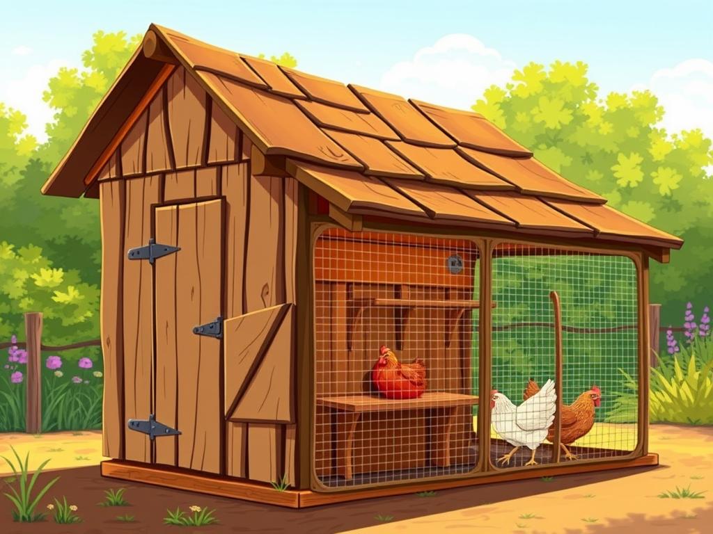 A well-designed backyard chicken coop, illuminated by warm natural lighting and set against a lush, verdant backdrop. The coop's exterior features a rustic, weathered wooden structure with a slanted roof, complemented by a picturesque wire-mesh run. Thoughtful details, such as nesting boxes, roosting bars, and a hinged door, showcase the coop's functionality and practicality. The scene captures the harmonious integration of the coop with its surrounding environment, inviting the viewer to imagine the joys of keeping a small backyard flock.
