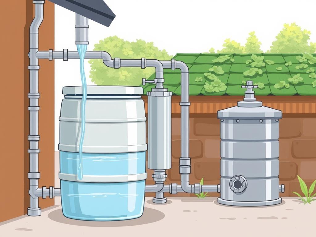 A well-designed rainwater harvesting system, showcasing its fundamental components in a clean, technical illustration. In the foreground, a rain barrel captures water from the downspout, its sleek cylindrical form and translucent finish allowing the collected liquid to be visible. Surrounding it, a network of pipes and valves in muted metallic tones convey the system's functionality. In the middle ground, a sturdy pump stands ready to distribute the harvested water, while in the background, a green roof and lush vegetation suggest the system's integration with the natural landscape. Soft, diffuse lighting from an unseen source highlights the components' textures and materials, creating a sense of balance and efficiency.