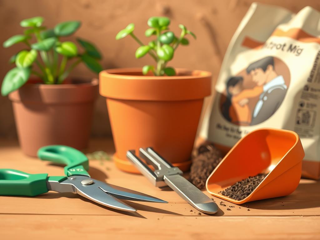 A well-lit, close-up scene of an assortment of gardening tools used for repotting plants. In the foreground, a pair of pruning shears, a small trowel, and a soil scoop rest on a wooden surface. In the middle ground, a terracotta plant pot and a bag of potting mix create a natural, earthy backdrop. Soft, directional lighting casts subtle shadows, highlighting the textures and details of the tools. The overall composition conveys a sense of organization and preparedness, reflecting the careful planning needed for the repotting process.