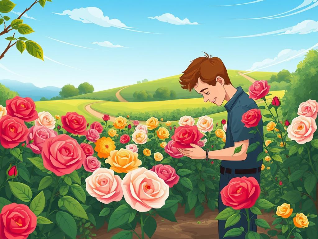 A well-lit garden scene showcasing a variety of lush, vibrant rose bushes. In the foreground, a gardener carefully examines and compares the delicate blooms, their petals in shades of red, pink, yellow, and white. The middle ground features an array of rose cultivars, each with its unique shape, size, and fragrance. The background depicts a serene landscape with a gently rolling hill, a winding path, and a clear blue sky dotted with wispy clouds. The lighting is soft and natural, creating a warm, inviting atmosphere that highlights the beauty and diversity of the rose varieties.