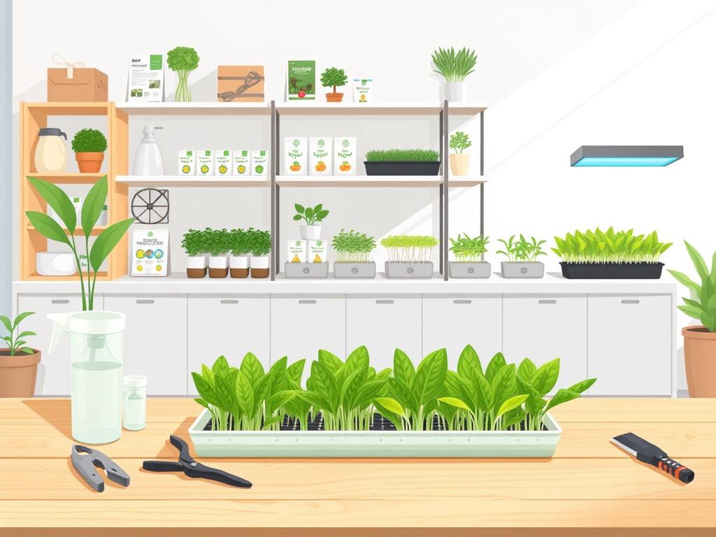 A well-lit, minimalist indoor scene showcasing a variety of microgreens supplies. In the foreground, a clean wooden table hosts a collection of gardening tools - small pruners, water misters, and seed trays. Crisp, evenly-lit greens fill the center stage, their delicate leaves gently backlit. In the background, a simple yet elegant shelving unit displays an array of seed packets, grow lights, and other essential microgreens accessories. The overall mood is one of organized tranquility, inviting the viewer to explore the possibilities of indoor microgreen cultivation.