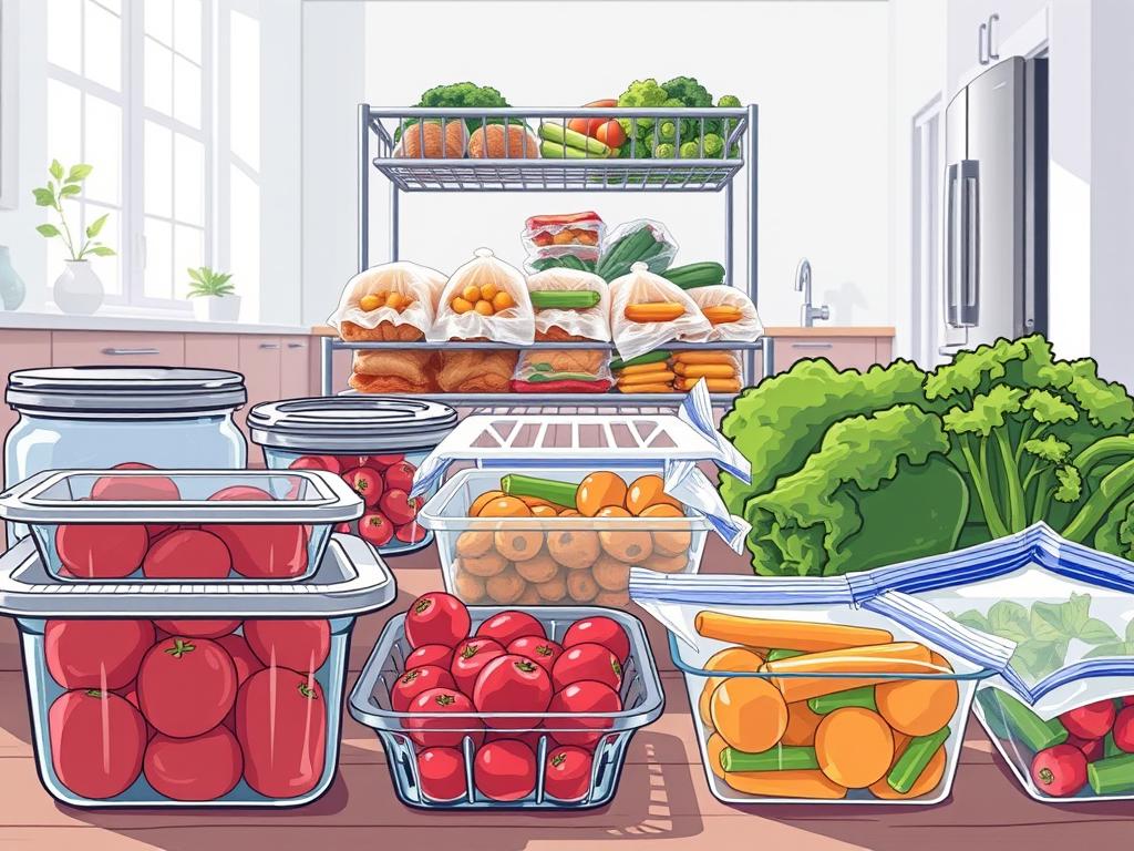 A well-lit still life scene depicting various freezing methods for preserving garden vegetables. In the foreground, a collection of glass freezer containers, metal trays, and vacuum-sealed plastic bags filled with freshly harvested produce. Subtle shadows and reflections create depth and dimensionality. In the middle ground, a frost-covered metal rack or shelf holds more packaged items, while the background features a clean, minimalist kitchen interior with stainless steel appliances and ample natural lighting streaming through windows. The overall mood is crisp, clean, and organized, conveying the efficient and practical nature of freezing as a vegetable preservation technique.