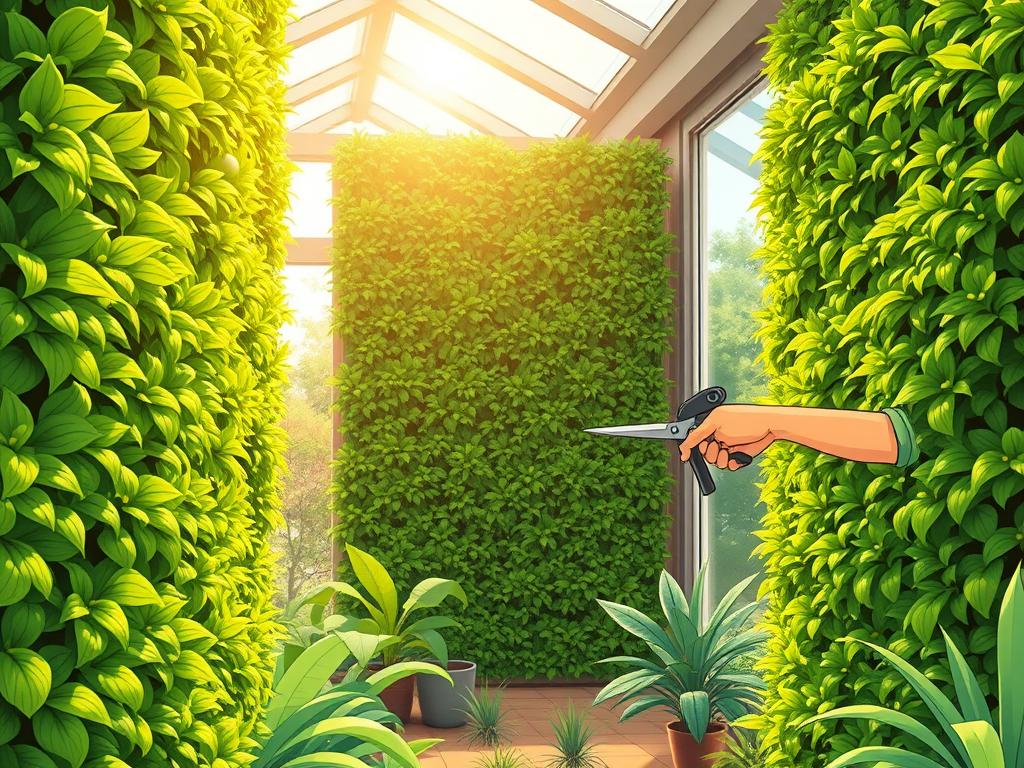 A well-maintained green wall in a sun-dappled indoor atrium. In the foreground, a gardener diligently trims the verdant foliage with precision shears, carefully tending to the lush, thriving plants. The middle ground showcases a diversity of vibrant, healthy leaves in shades of emerald and chartreuse, each meticulously groomed. In the background, natural light filters through large windows, casting a warm, golden glow that highlights the wall's intricate texture and verdant hues. The overall scene conveys a sense of tranquility and the importance of dedicated care for a flourishing vertical garden.