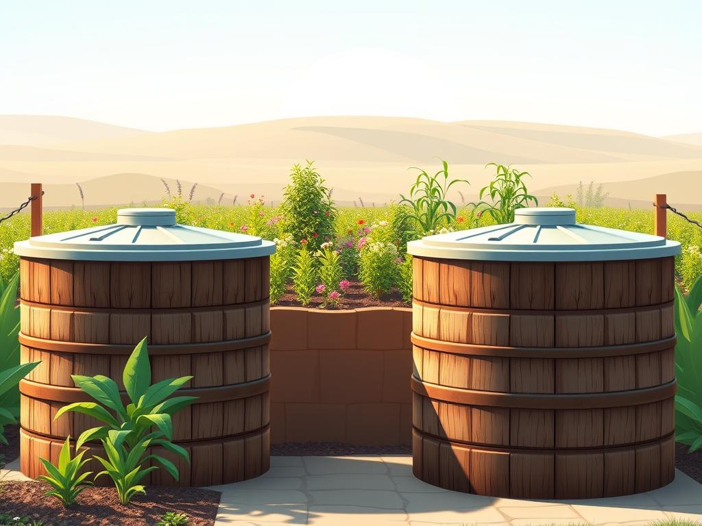 A well-organized and thoughtfully designed rainwater storage system, showcased in a clean, modern setting. In the foreground, several large, cylindrical rainwater tanks made of sturdy, weathered wood or concrete stand proud, their lids gleaming in the soft, natural light. In the middle ground, a neatly manicured garden with thriving, vibrant plants and flowers surrounds the storage containers, hinting at the abundance they help cultivate. The background features a serene, neutral-toned landscape, creating a calming, harmonious atmosphere that emphasizes the sustainable and self-sufficient nature of the rainwater harvesting setup. Crisp, high-resolution details and a balanced, inviting composition highlight the practical and aesthetic benefits of this essential component of a thriving, nature-inspired garden.