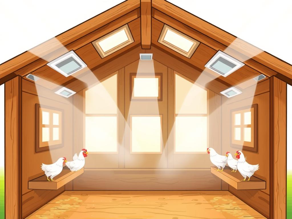A well-ventilated chicken coop with an array of carefully placed vents and windows, allowing for optimal airflow and natural lighting. The coop's exterior features a rustic wooden design, complemented by a slanted roof that promotes efficient ventilation. The interior showcases a spacious layout with perches and nesting boxes positioned to ensure the comfort and health of the flock. Soft, diffused light filters through the strategically placed windows, creating a warm and inviting atmosphere. The scene is captured from a slightly elevated angle, providing a comprehensive view of the coop's ventilation system and its harmonious integration with the overall structure.