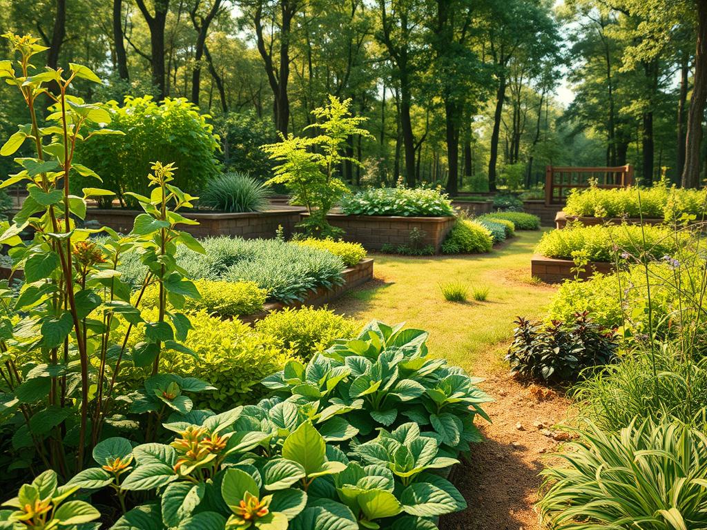 Detailed permaculture garden design with lush greenery and organic elements. Foreground showcases diverse plant life in vibrant colors - spiraling herbs, layered leafy vegetables, trailing vines. Midground features swales, hugelkultur mounds, and other permaculture structures blending seamlessly into the landscape. Background depicts a tranquil forest edge with dappled sunlight filtering through the canopy. Warm, earthy tones create a natural, nurturing ambiance. Cinematic, wide-angle shot captures the harmonious integration of human and natural systems. Realistic, highly detailed, 4K resolution.