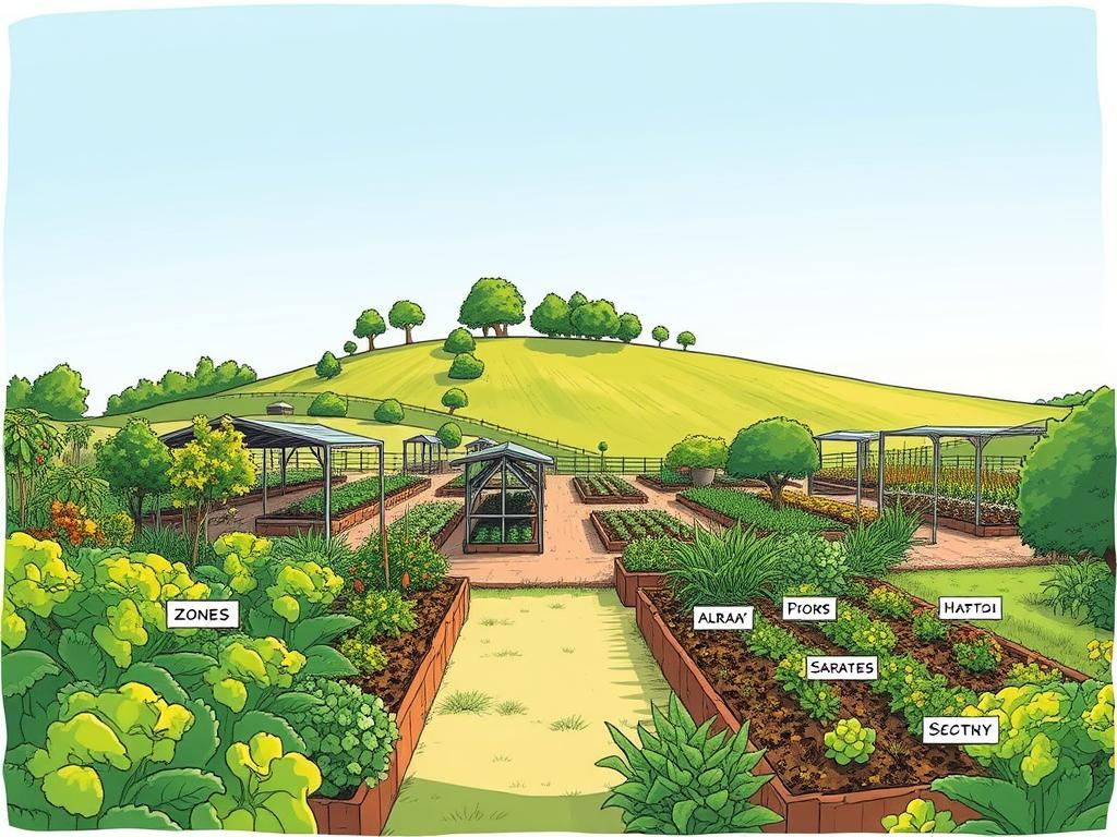 Detailed sketch of a zone garden assessment, depicting a lush, diverse landscape. In the foreground, vibrant vegetable beds with labeled zones and plant species. The middle ground showcases a carefully planned garden layout, with pathways, seating areas, and irrigation systems. In the background, a rolling hill dotted with established trees and a clear blue sky. The scene is illuminated by soft, natural lighting, captured through a wide-angle lens to convey a sense of depth and scale. The overall mood is one of thoughtful planning and horticultural harmony, reflecting the diligent preparation for the upcoming growing season.
