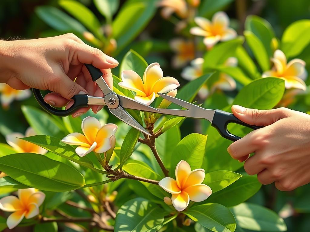 Detailed step-by-step pruning of a vibrant plumeria plant. Close-up view of hands carefully trimming branches, shaping the plant's structure. Soft natural lighting illuminates the lush green foliage. Plumeria blossoms in the background add a tropical ambiance. Pruning shears precisely snipping away excess growth, revealing the plant's graceful silhouette. Compact composition, emphasizing the intricate technique of selective pruning. Serene, focused atmosphere evokes the meditative practice of caring for this ornamental flowering tree.