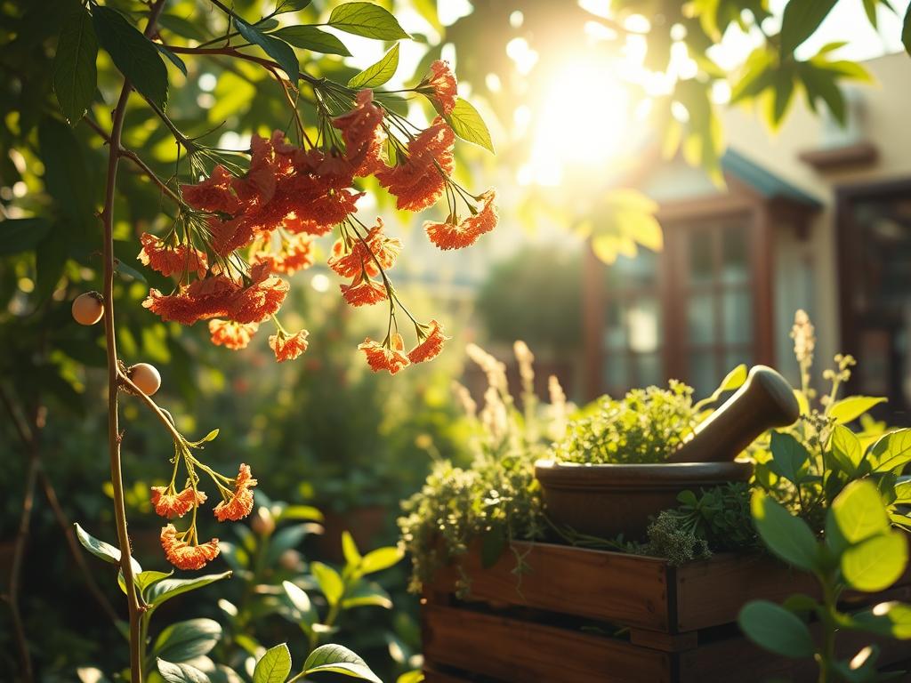 Harvest medicinal herb: a lush botanical tableau, sunlight filtering through canopy leaves, casting a warm, earthy glow. In the foreground, delicate stems sway, bearing clusters of fragrant, vibrant blooms. Vibrant greens and subdued ochres create a serene, natural palette. The midground showcases mortar and pestle, a wooden crate brimming with freshly harvested herbs, their essence ready to be distilled into nourishing remedies. In the background, a cozy, rustic interior hints at the care and intention behind this healing harvest. Cinematic, 50mm lens, natural lighting, shallow depth of field.