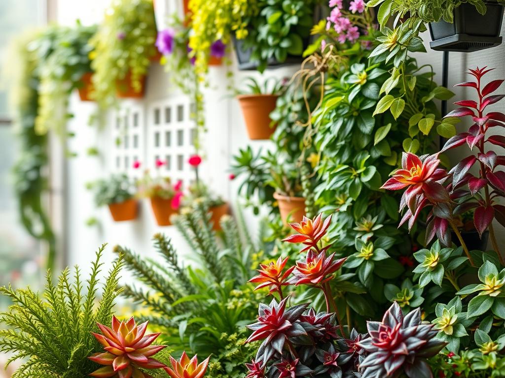 High-angle shot of a lush, well-curated vertical garden showcasing an array of thriving plants. The foreground features a mix of trailing succulents, vibrant flowering plants, and neatly pruned foliage in various shades of green, purple, and red. The middle ground captures the innovative use of wall-mounted planters, trellises, and hanging baskets to create a visually striking and space-efficient display. The background is softly blurred, emphasizing the focal point of the carefully selected and expertly arranged vertical garden plants. Soft, natural lighting illuminates the scene, casting gentle shadows and highlighting the textures and colors of the vegetation. The overall composition conveys a sense of harmony, balance, and inspiration for those seeking to cultivate their own vertical garden oasis.