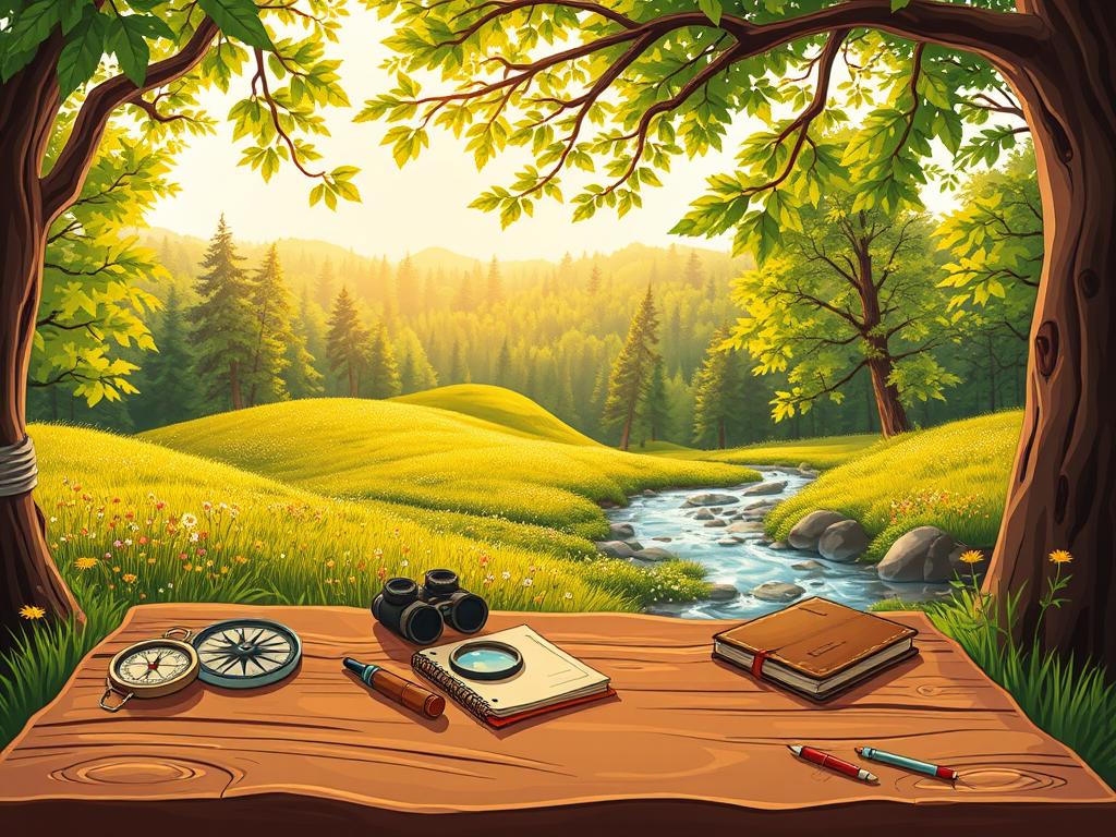 Landscape observation tools: a rustic wooden table in the foreground, adorned with a compass, binoculars, a magnifying glass, and a field journal. In the middle ground, a rolling meadow peppered with wildflowers and a trickling stream. The background showcases a lush, verdant forest canopy, dappled with warm, golden sunlight filtering through the leaves. The scene conveys a sense of tranquility and wonder, inviting the viewer to immerse themselves in the beauty and complexity of the natural world.
