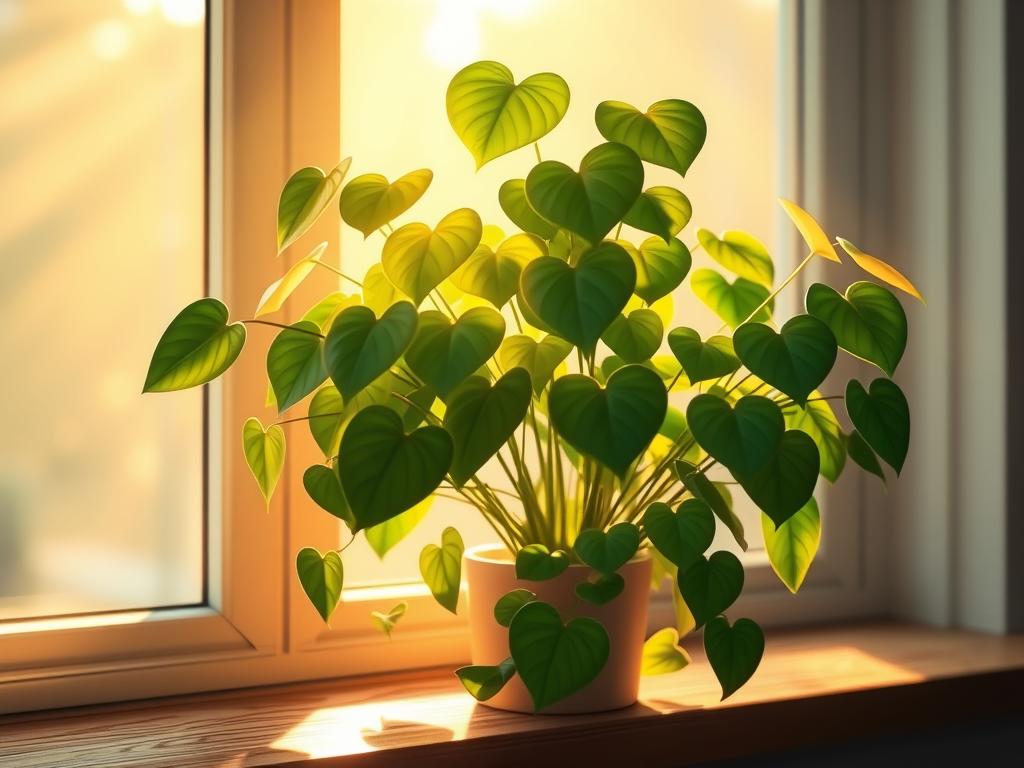 Soft, diffuse lighting illuminating a lush, thriving syngonium plant. Rays of indirect sunlight filter through a large window, casting a warm, golden glow across the plant's delicate, heart-shaped leaves. The leaves gently sway, creating a captivating interplay of light and shadow. The plant is situated on a wooden windowsill, with subtle reflections of the light visible on the surface. The background is blurred, allowing the plant to be the focal point, showcasing its vibrant green hues and healthy appearance. The overall scene conveys a sense of tranquility and natural harmony, perfectly suited for the "Mastering Syngonium Care: Light, Water, and Soil Essentials" section.