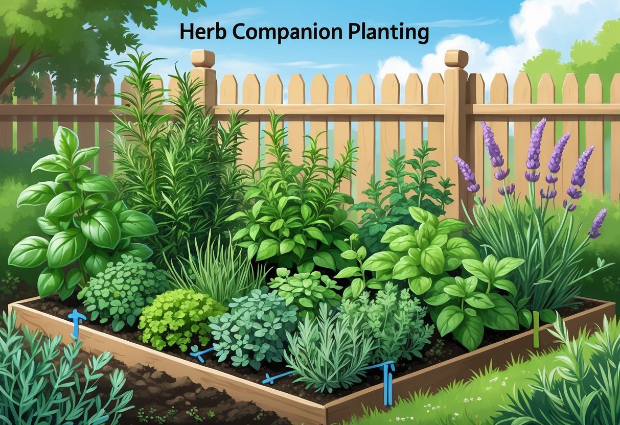 A garden bed showing various herbs growing together with some connected by lines to indicate good companion planting relationships.