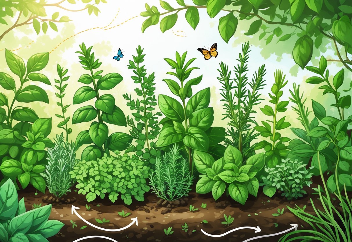 A garden scene showing various herbs like basil, rosemary, thyme, mint, and chives growing together with bees, butterflies, and healthy soil, illustrating beneficial plant relationships.