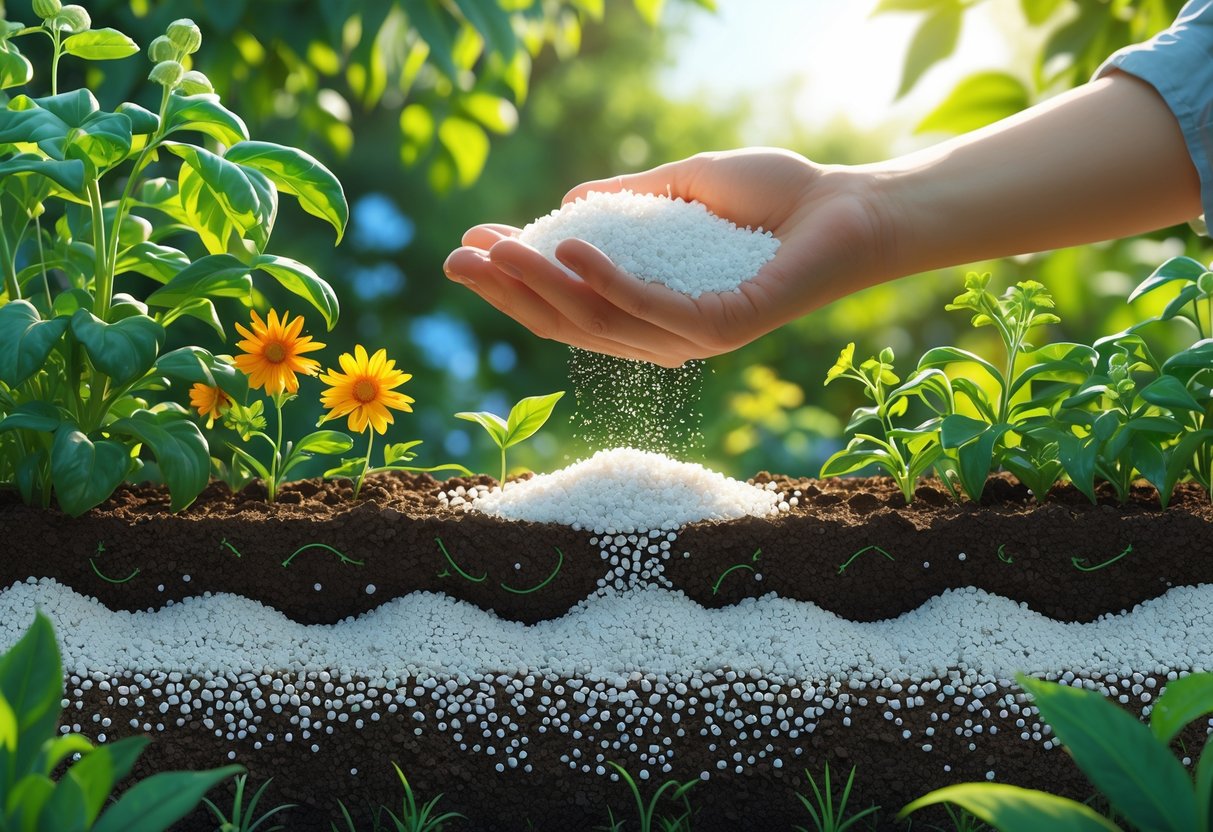 Cross-section of garden soil with white perlite particles mixed in, healthy plant roots, and a gardener's hand holding perlite above the soil in a thriving garden.