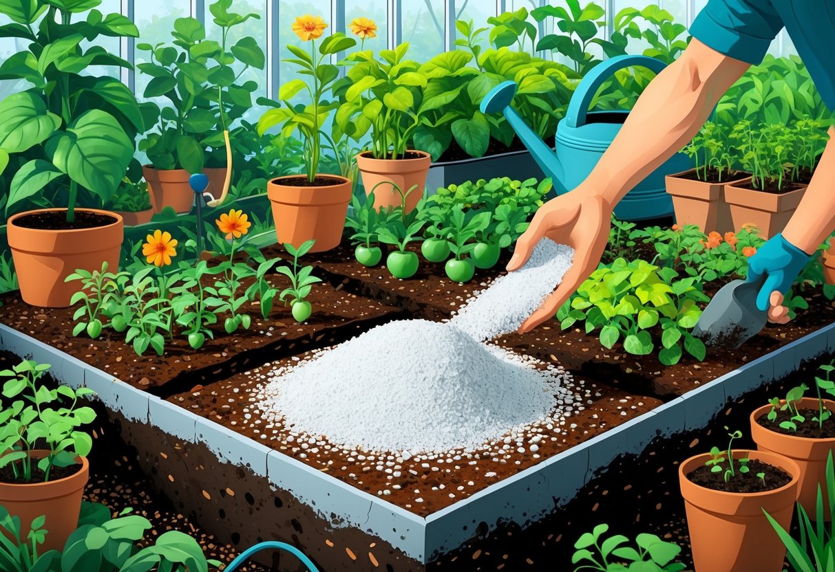 A garden bed with soil mixed with white perlite granules and healthy plants growing, with a gardener spreading perlite and gardening tools nearby.