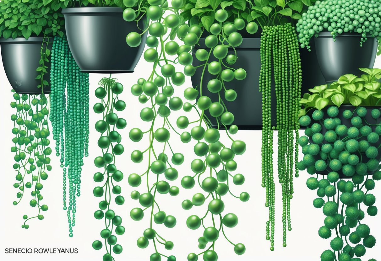 Several varieties of String of Pearls plants with round, bead-like leaves trailing from pots and baskets.