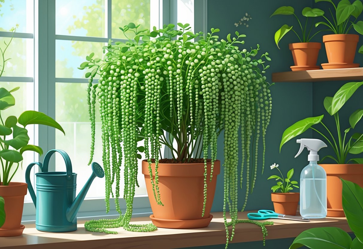 A String of Pearls plant with trailing green bead-like leaves growing indoors near a window, placed in a pot on a wooden surface with gardening tools nearby.
