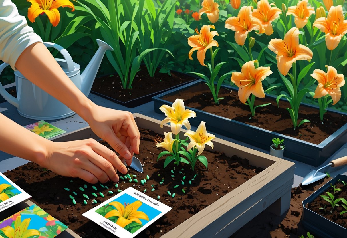 Hands planting daylily seeds in soil with seedlings and blooming daylily flowers in a garden setting.