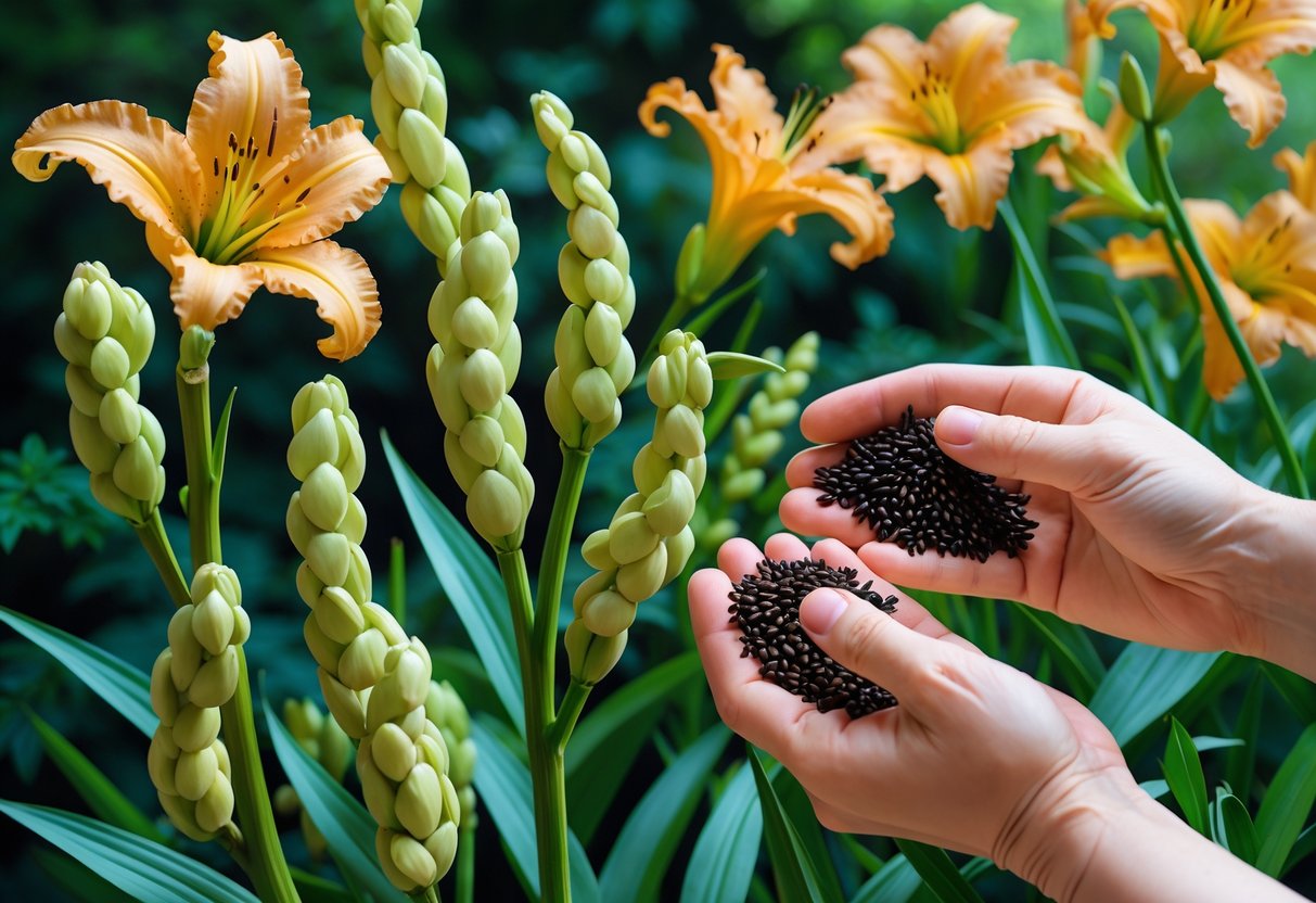 Hands harvesting and collecting seeds from mature daylily seed pods among blooming daylilies in a garden.